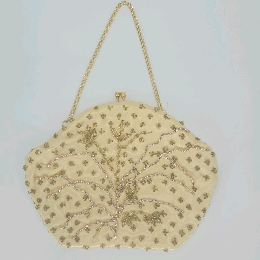Vintage Stylecraft Miami Gold Beaded Satin Evening Bag Chain Clutch Hong Kong Sm